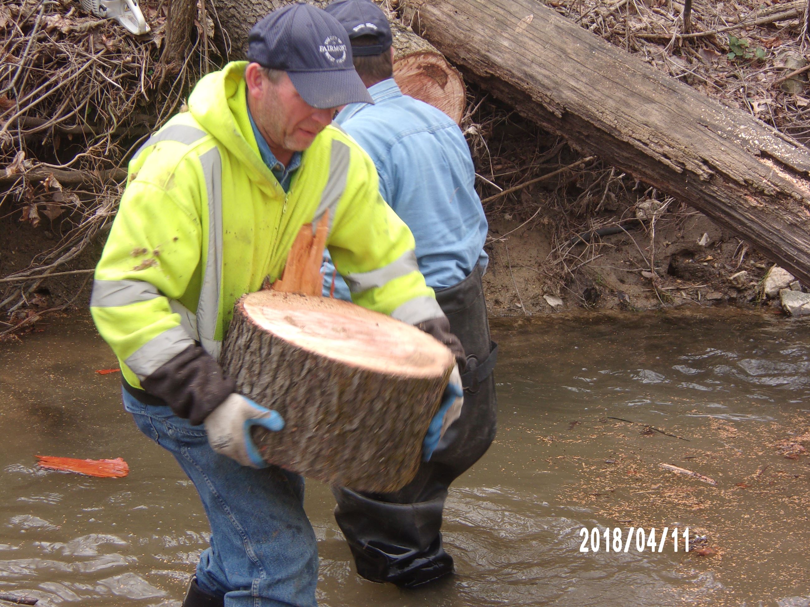 Man Carrying Section of Tree Stump